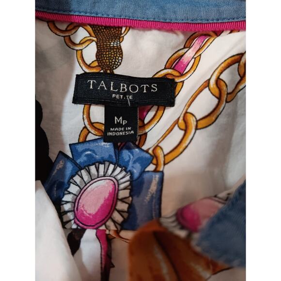 TALBOTS Cotton Shirt Blouse Top Medium Petite MP Equestrian Ribbons Bridle Chain - Picture 6 of 9